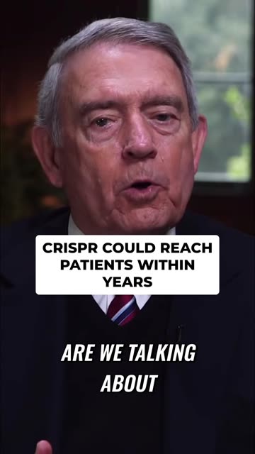 OpusClip vertical clip: Dan Rather asking a question under the headline CRISPR could reach patients within years